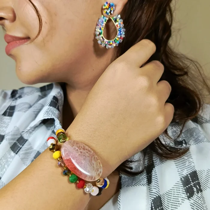 Exclusivo combo Pulseras + Aretes con Murano y Piedras Naturales Versión Multi color ovalado